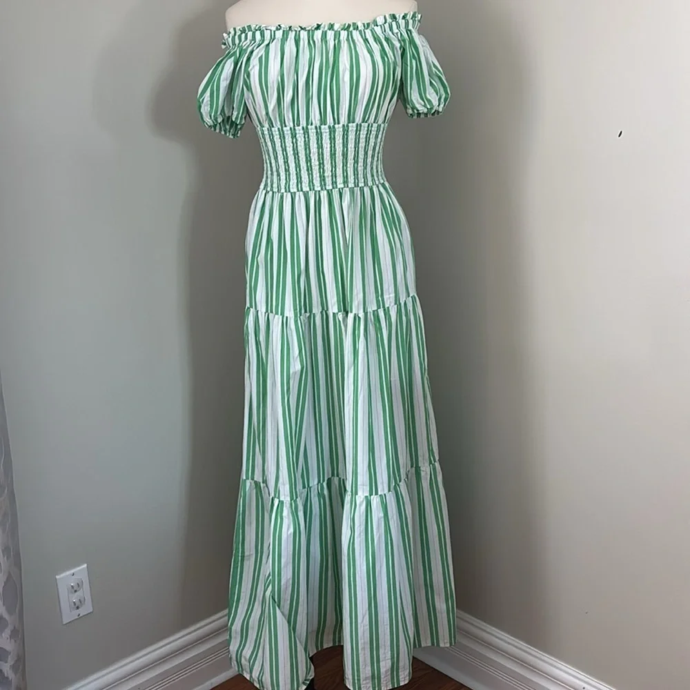 eShakti Wayward Fancies Off-theshoulder Stripe Cotton Poplin Smocked Waist Dress - Picture 2 of 11